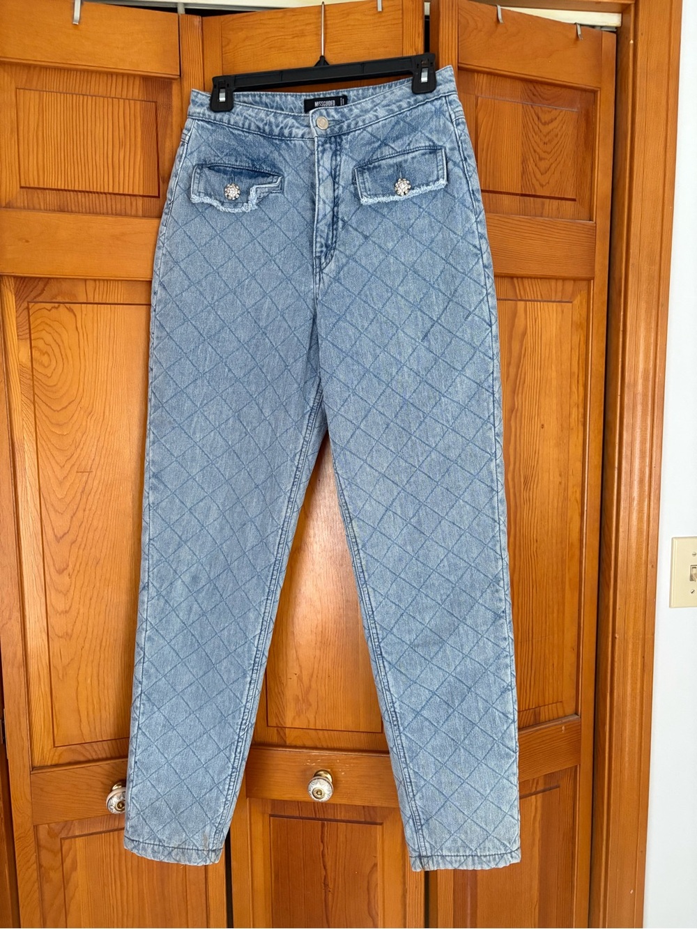 Missguided Quilted Light Blue High Rise Jeans with Decorative Pocket Buttons